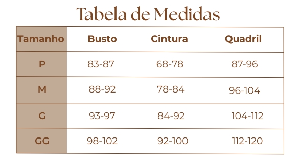 Tabela de Medidas para Baby Doll da Use Fabi Lingerie